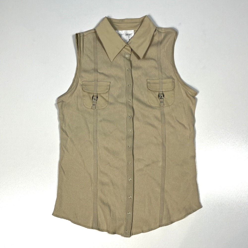 Sport Savvy Womens Small Tan Ribbed Sleeveless Snap Button Down Utility Top Vest